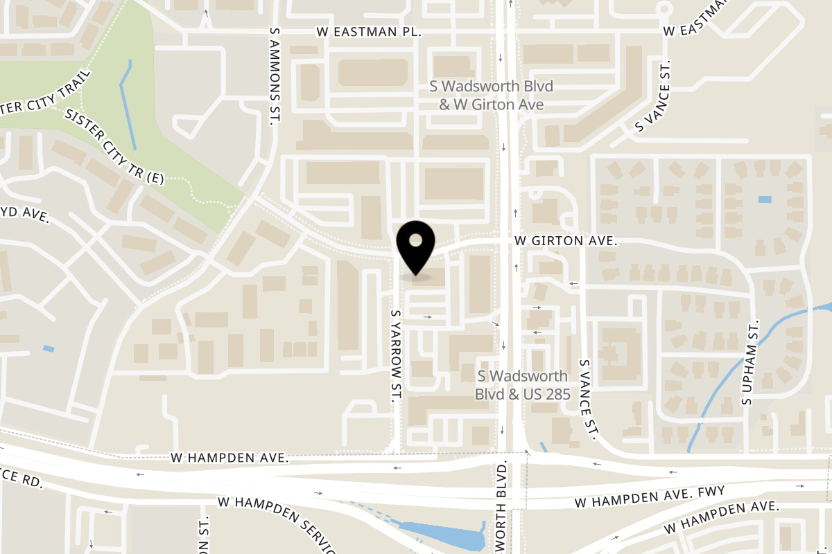 Map showing the location of Namaste Restaurant on 3355 S Wadsworth Blvd F120 in Lakewood
